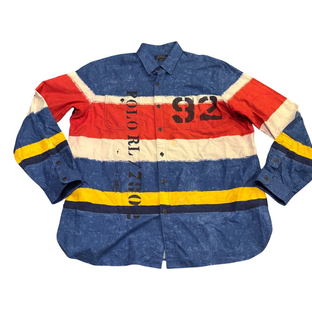 Polo Ralph Lauren Mens XL Classic Fit Striped Oxford Workshirt Blue Red 92 Print